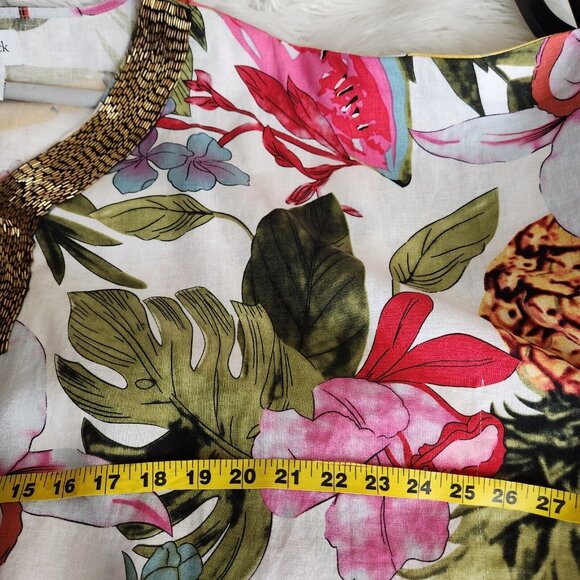 Peck & Peck 100% Linen Blouse L Floral Beaded Collar Poncho Oversize Boxy Kimono - Picture 10 of 14